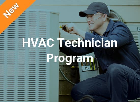 An HVAC tech working on an AC unit. The words New HVAC Technician Program are overlayed